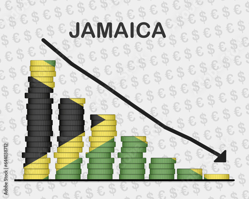 Jamaica economic collapse, decreasing values with coins, crisis and downgrade concept