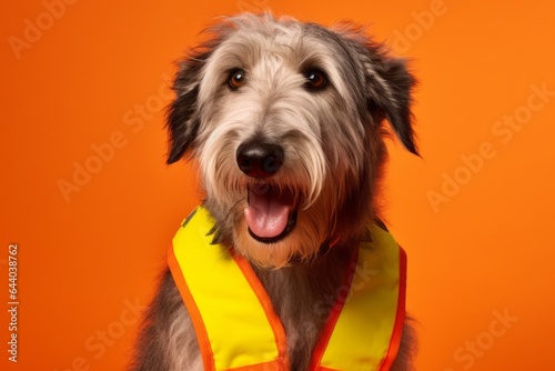 Lifestyle portrait photography of a smiling irish wolfhound dog wearing a safety vest against a bright orange background. With generative AI technology