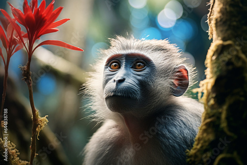 Macaco na floresta de plantas vermelhas - Papel de parede © vitor