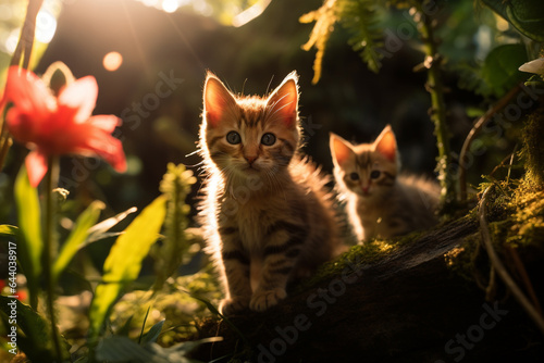 Gatinhos fofos na floresta com flores vermelhas e luz do sol - Papel de parede