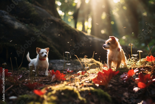 Cachorrinhos na floresta com plantas vermelhas e luz do sol - Papel de parede