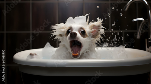 chien pas content qui fait les gros yeux parce qu'on le lave avec de la mousse sur la tête © Fox_Dsign