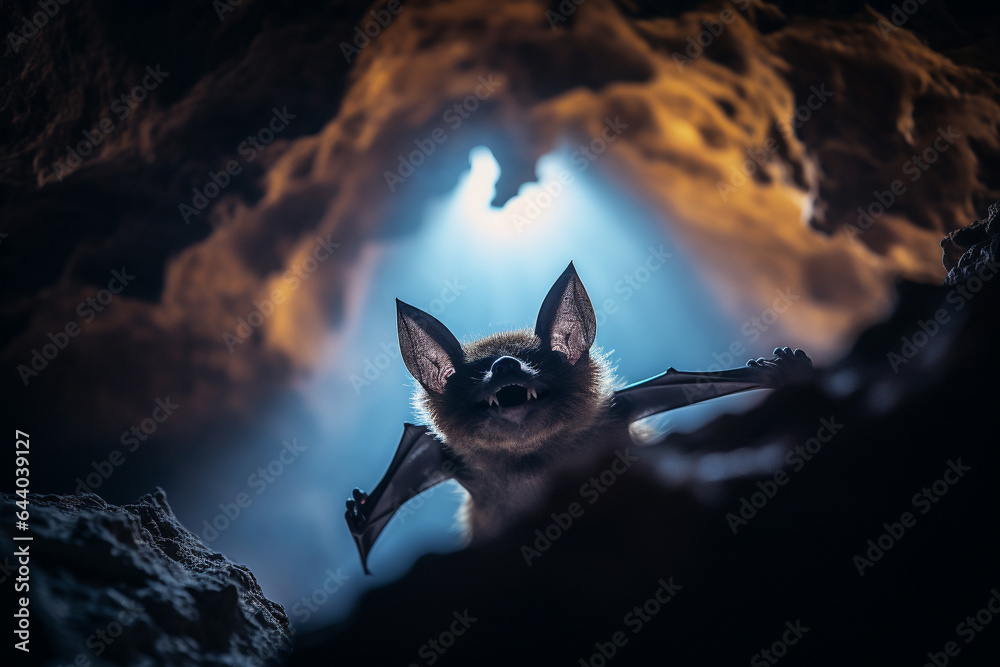 Morcego na caverna com luz vindo do fundo - Papel de parede - obrazy, fototapety, plakaty 