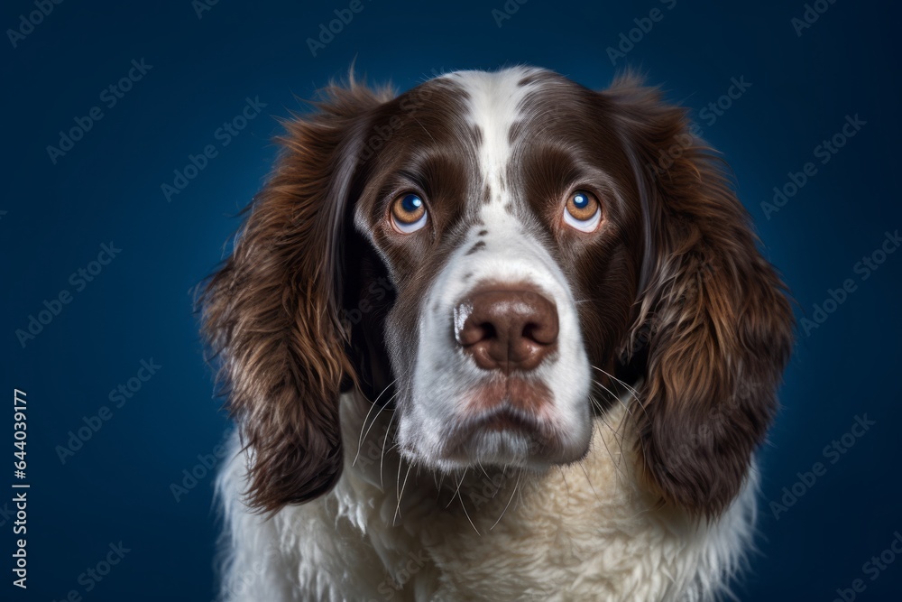 Studio portrait photography of a smiling english springer spaniel wearing a sherpa coat against a deep indigo background. With generative AI technology
