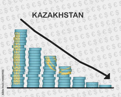Kazakhstan economic collapse, decreasing values with coins, crisis and downgrade concept