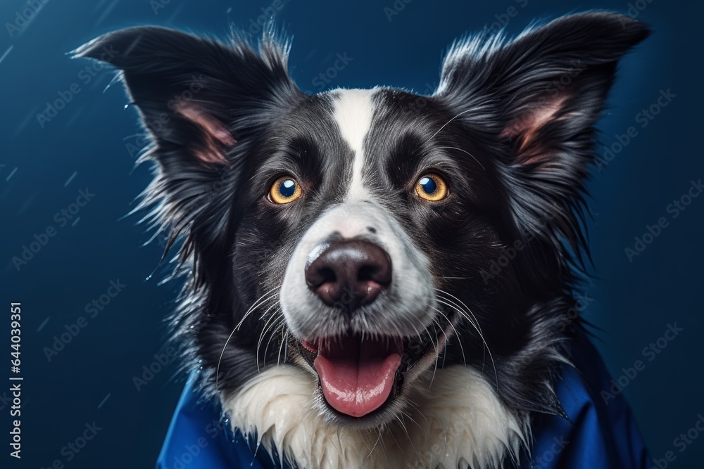 Group portrait photography of a smiling border collie wearing a raincoat against a deep indigo background. With generative AI technology