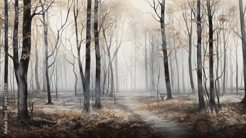 autumn forest watercolor landscape in gray calm tones soft color