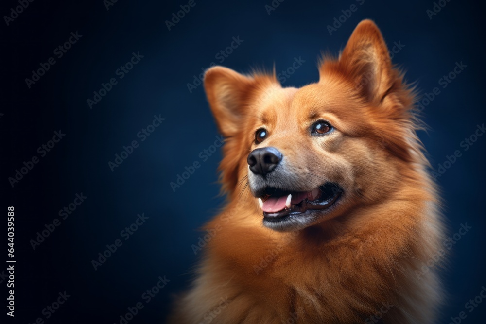 Medium shot portrait photography of a happy finnish spitz wearing a therapeutic coat against a deep indigo background. With generative AI technology