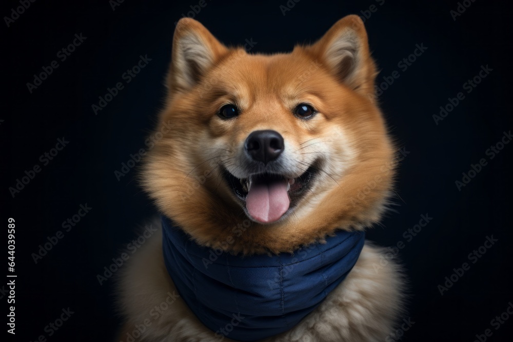 Medium shot portrait photography of a happy finnish spitz wearing a therapeutic coat against a deep indigo background. With generative AI technology