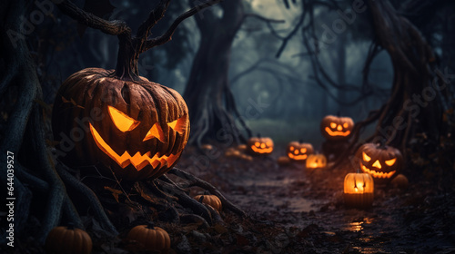 Jack-o'-lanterns appear on spooky Halloween nights.