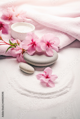 A spa setting with pink flowers  white towels and gray stones. The image is taken from a top-down perspective. A white textured surface with a zen-like circular pattern drawn in the sand.