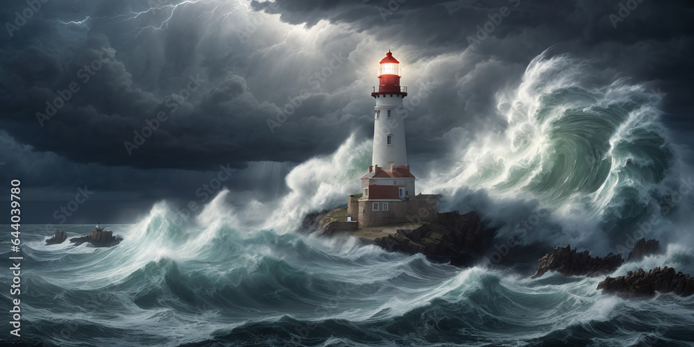 Storm at ocean with lighthouse