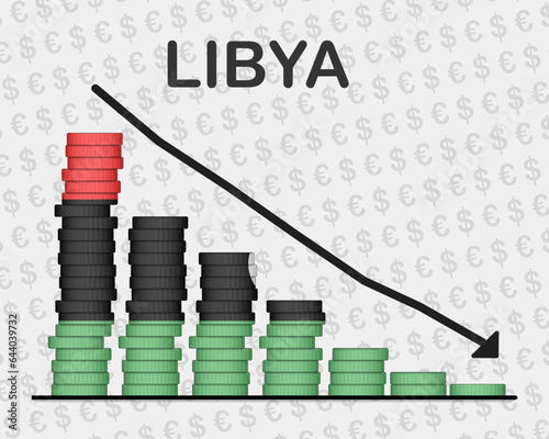 Libya economic collapse, decreasing values with coins, crisis and downgrade concept