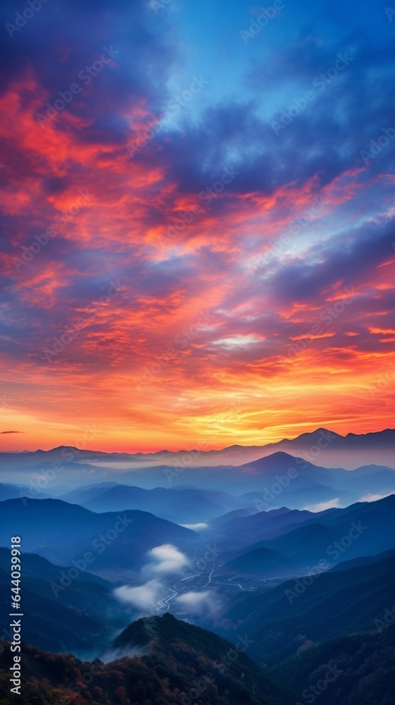 A beautiful sunset over a valley with mountains in the background
