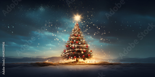 Winter background with bright lights and snow on Christmas tree with decorations