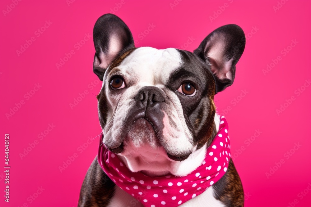 Medium shot portrait photography of a cute bulldog wearing a polka dot bandana against a hot pink background. With generative AI technology