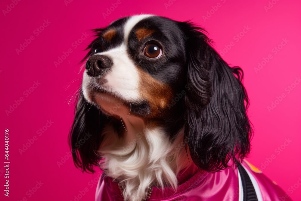 Studio portrait photography of a happy cavalier king charles spaniel dog wearing a sports jersey against a hot pink background. With generative AI technology