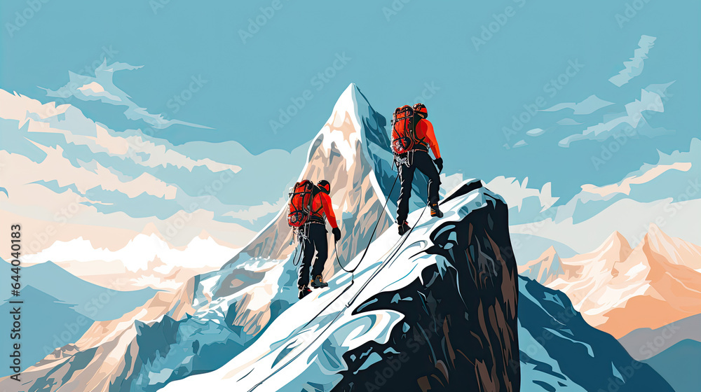 Hiker helping friend reach the mountain top, Generative Ai illustration.