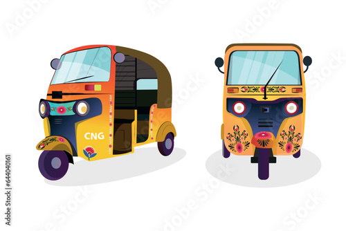 Set of yellow auto-rickshaw illustrations in India. with rickshaw paint on it. front view of tuk-tuk. photo