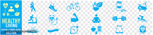 Healthy Lifestyle editable line icons wellness relaxation health exercise yoga spa diet wellbeing collection.