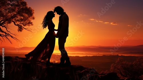 A man and a woman standing next to each other in front of a sunset