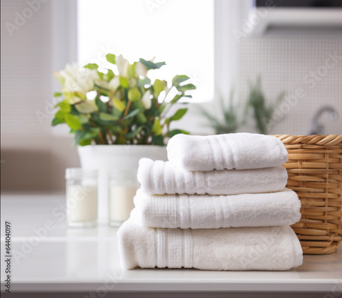 Stack of clean white towels on countertop in bathroom