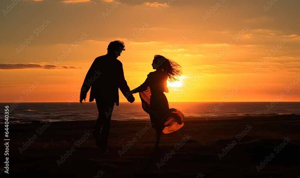 Photo of a couple holding hands at sunset