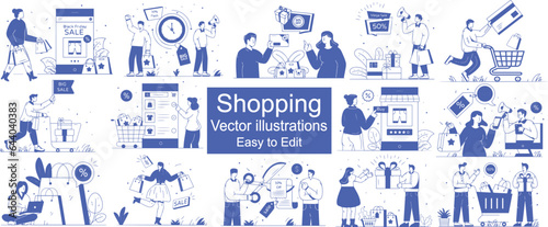 Shopping illustrations. Collection of scenes with people shopping discount, Sales Promotion, black Friday sale, buy online, big sale, flash sale, discount sale, shopping offer, best gift.