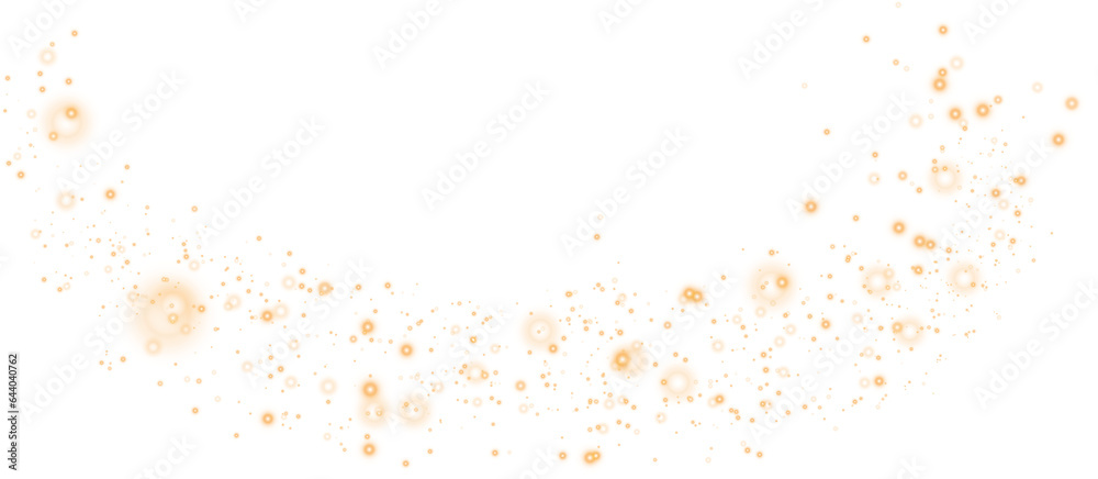 Golden glitter and bokeh on transparent backdrop. Luxury particles with stardust. Glow light effect. Magic Christmas composition. Special shine for poster or advertising. PNG.