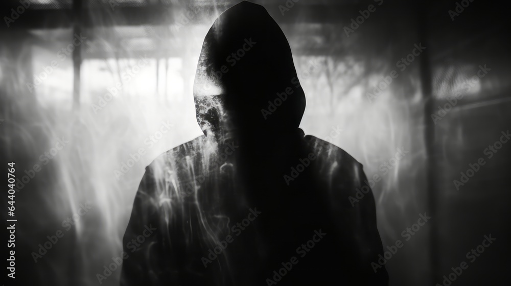 Shadow blur of horror man in jacket with hood. Hands on the glass. Dangerous man behind the frosted glass. Mystery man. Halloween background. Black and white picture - obrazy, fototapety, plakaty 