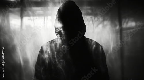 Shadow blur of horror man in jacket with hood. Hands on the glass. Dangerous man behind the frosted glass. Mystery man. Halloween background. Black and white picture