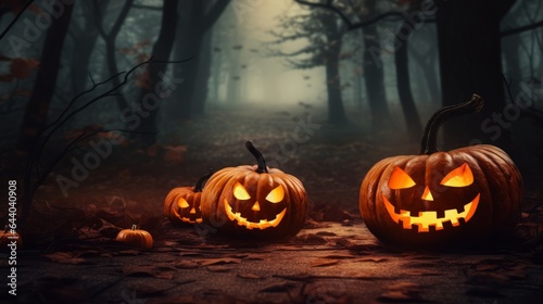 Spooky halloween pumpkins in forest. Scary halloween background