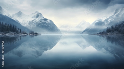 A mountain range is reflected in the still water of a lake