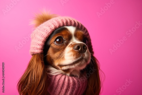 Medium shot portrait photography of a happy cavalier king charles spaniel dog wearing a winter hat against a hot pink background. With generative AI technology