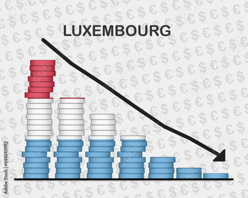 Luxembourg economic collapse, decreasing values with coins, crisis and downgrade concept