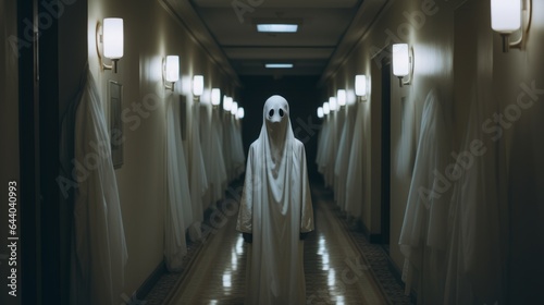 The man is in white clothes and shows a scary looking face at a creepy hotel corridor, look like ghost in night for Halloween Festival concept