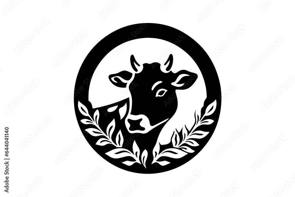 Minimalistic ink silhouette cow and branches logotype or emblem design. Isolated on white background. Vector illustration.
