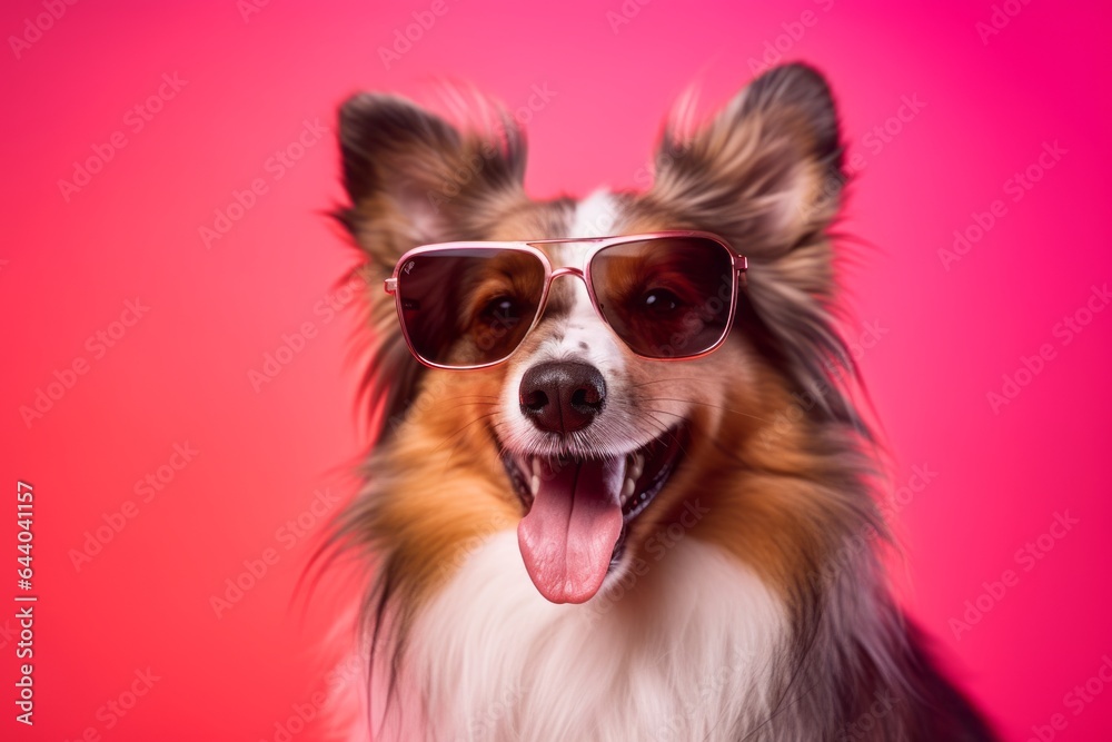 Lifestyle portrait photography of a smiling shetland sheepdog wearing a hipster glasses against a hot pink background. With generative AI technology