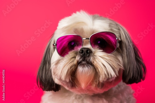 Lifestyle portrait photography of a funny shih tzu wearing a trendy sunglasses against a hot pink background. With generative AI technology © Markus Schröder