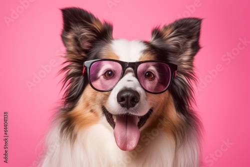 Lifestyle portrait photography of a smiling shetland sheepdog wearing a hipster glasses against a hot pink background. With generative AI technology © Markus Schröder