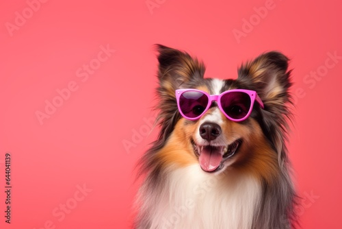 Lifestyle portrait photography of a smiling shetland sheepdog wearing a hipster glasses against a hot pink background. With generative AI technology © Markus Schröder