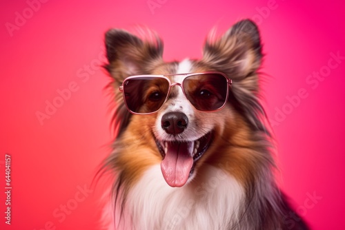 Lifestyle portrait photography of a smiling shetland sheepdog wearing a hipster glasses against a hot pink background. With generative AI technology