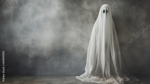 White ghost on gray wall background. Halloween spooky concept