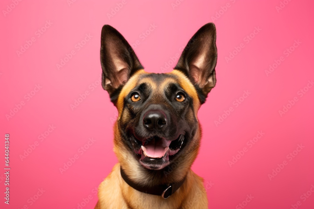 Lifestyle portrait photography of a happy belgian malinois dog wearing a butterfly wings against a hot pink background. With generative AI technology