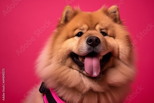 Headshot portrait photography of a smiling chow chow dog wearing a reflective vest against a hot pink background. With generative AI technology