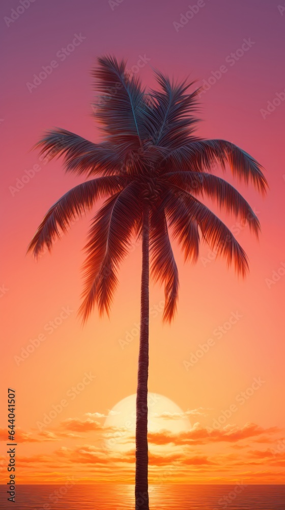 A palm tree is silhouetted against a sunset