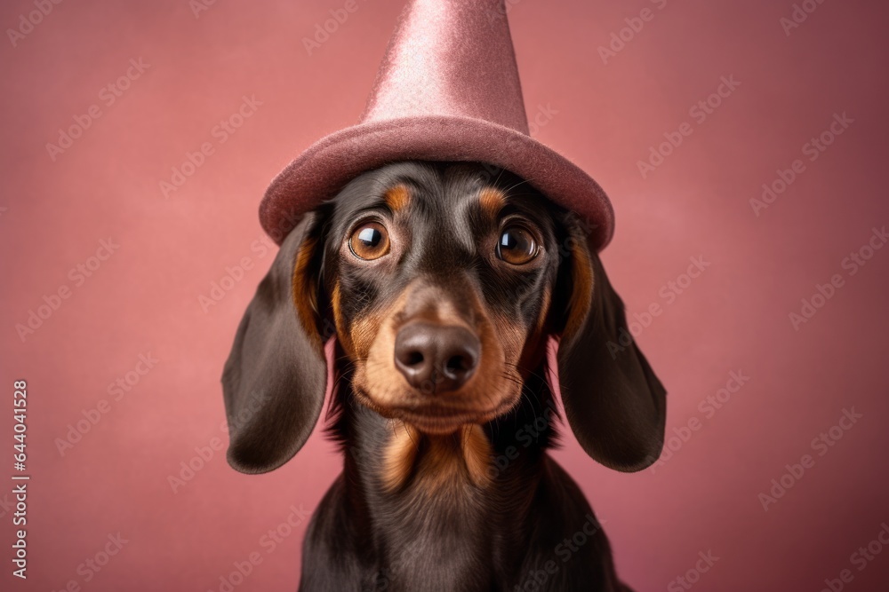 Lifestyle portrait photography of a funny dachshund wearing a wizard hat against a dusty rose background. With generative AI technology