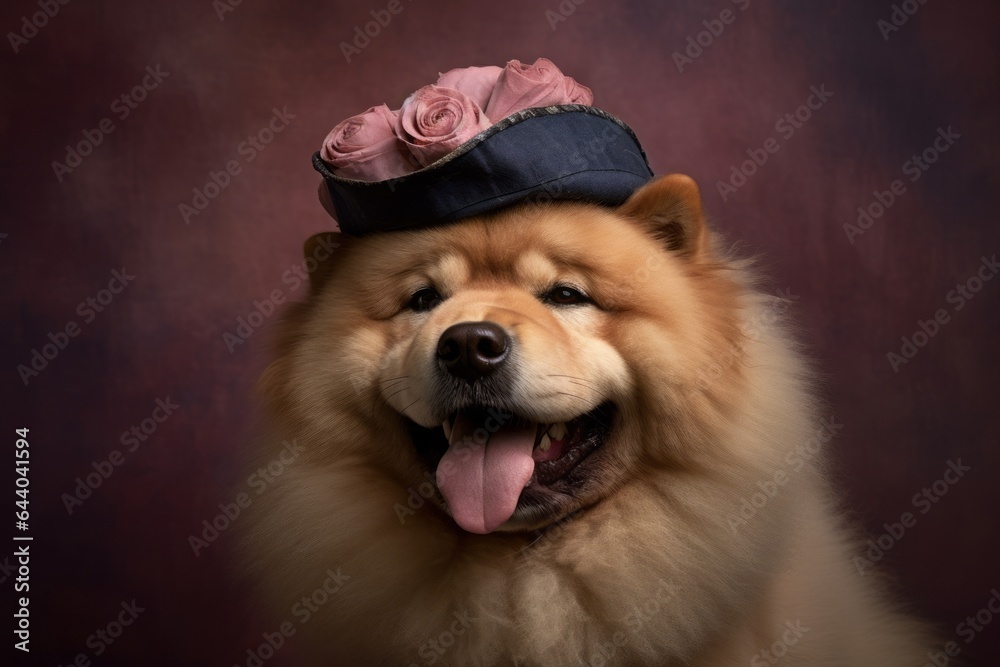 Photography in the style of pensive portraiture of a smiling chow chow dog wearing a pirate hat against a dusty rose background. With generative AI technology