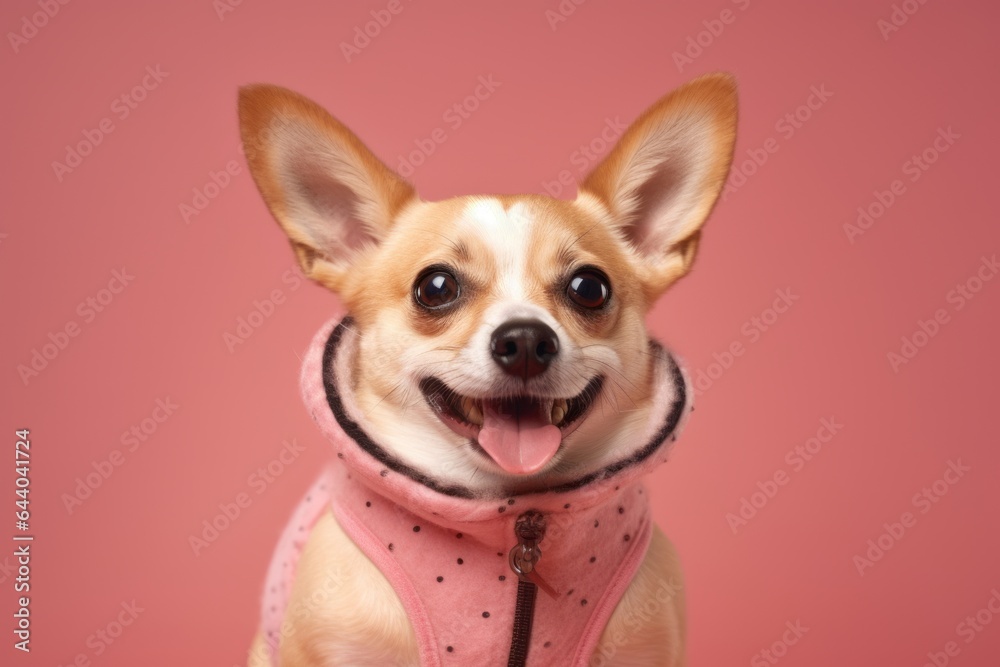 Group portrait photography of a happy norwegian lundehund wearing a ladybug costume against a dusty rose background. With generative AI technology