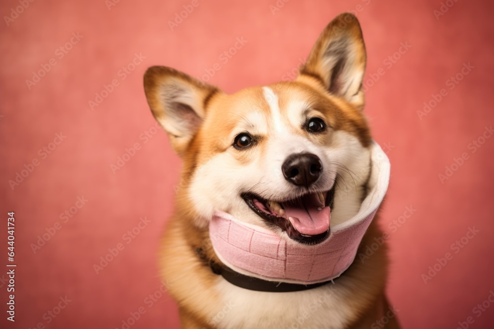 Close-up portrait photography of a happy norwegian lundehund wearing a bandage against a dusty rose background. With generative AI technology Close-up portrait photography of a happy norwegian lundehund wearing a bandage against a dusty rose background. With generative AI technology